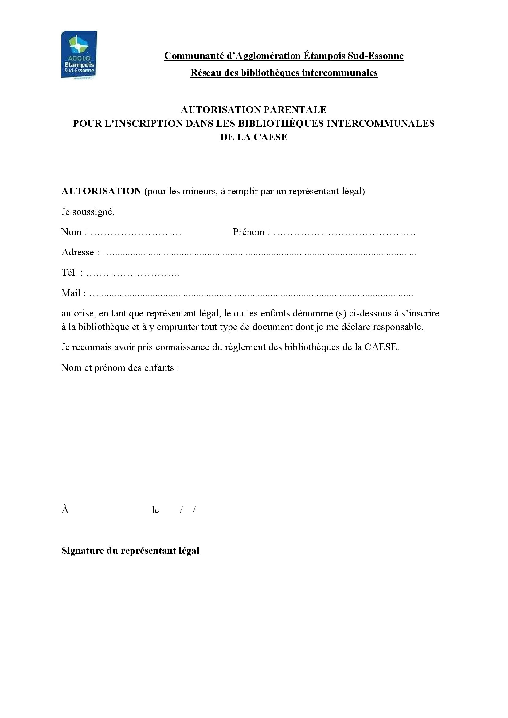 Autorisation Parentale Bibliotheques CAESE