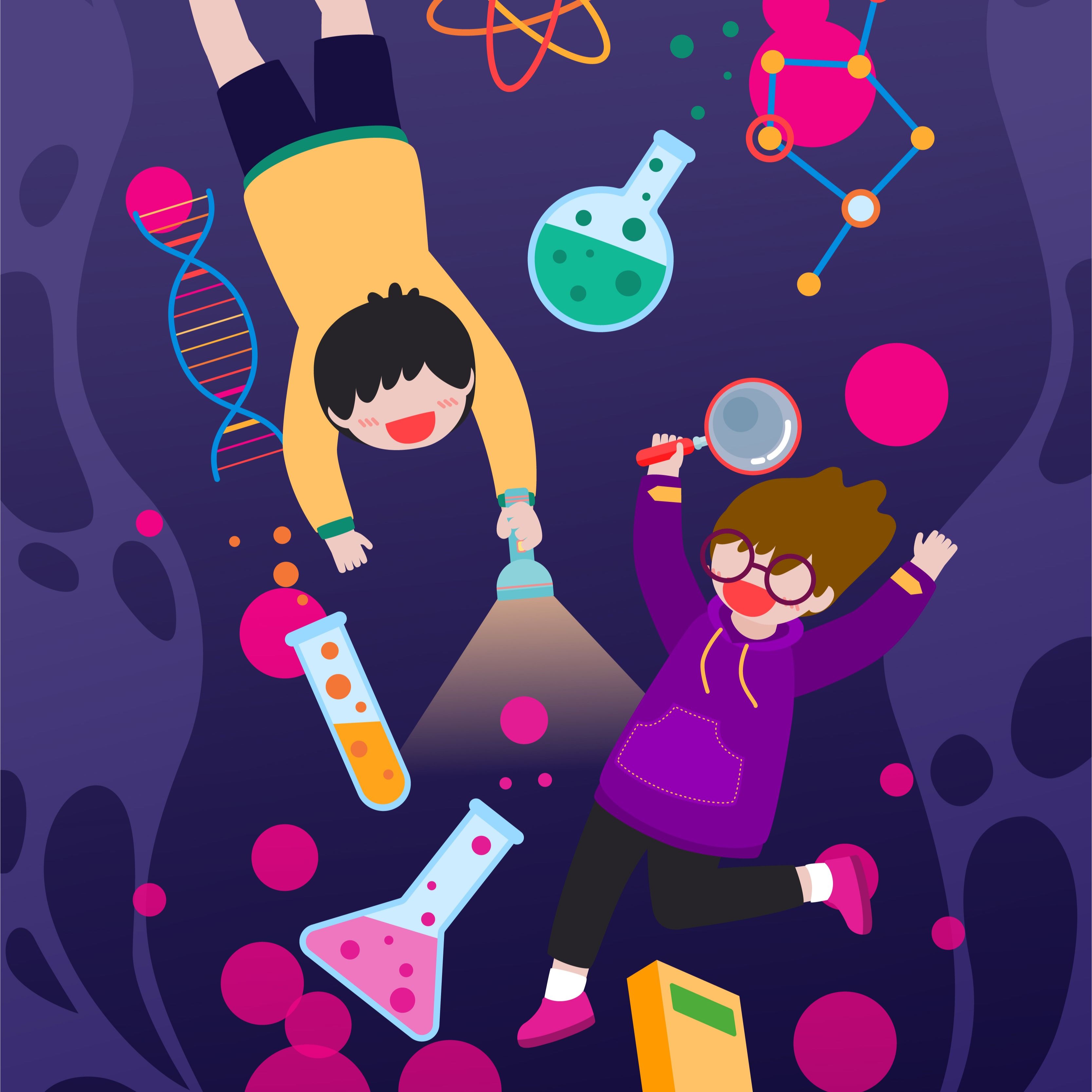 illustration vectorielle de deux jeunes garçons jouant avec des objets scientifiques