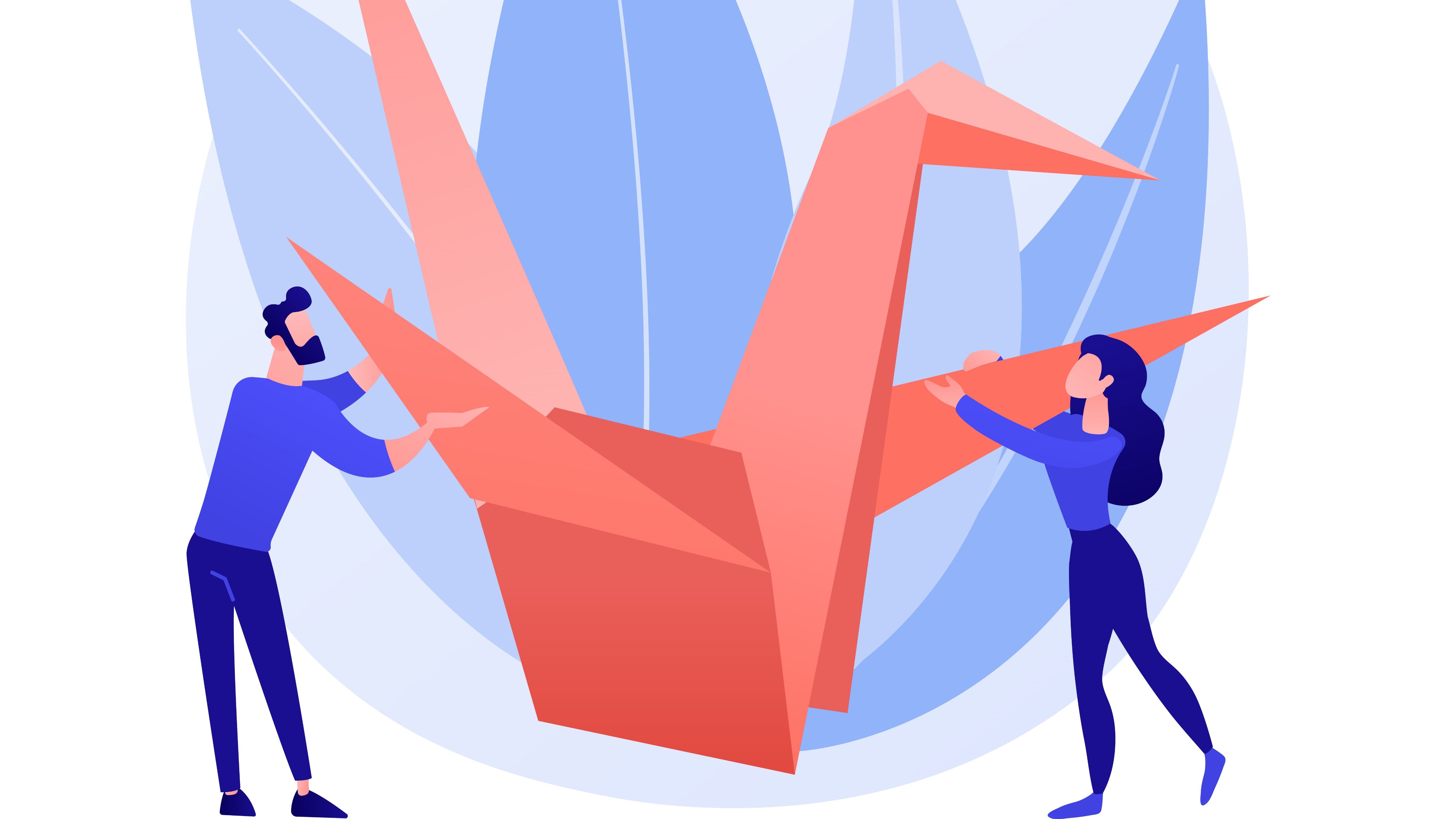 illustration vectorielle d'une grue en origami géante avec deux personnes autour