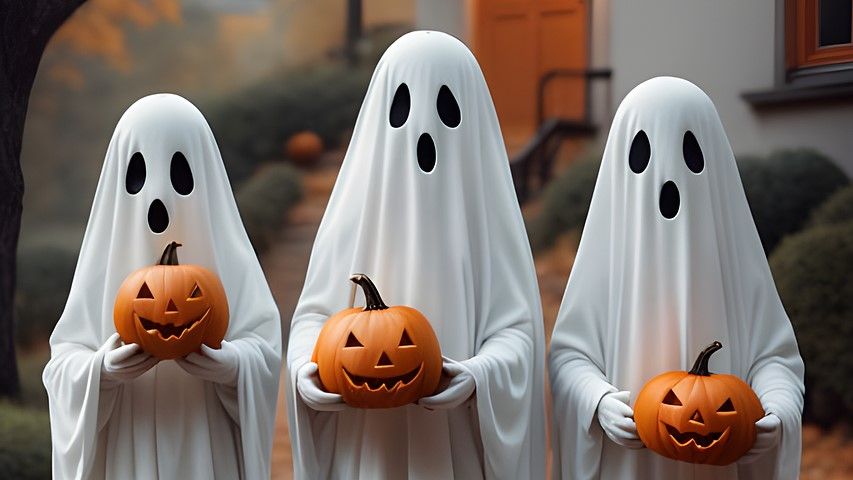 image générée par intelligence artificielle de trois petits fantômes portant des citrouilles découpées dans leurs mains